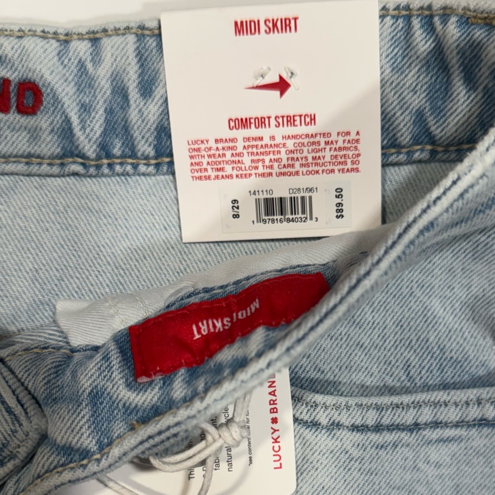 LUCKY BRAND Light Wash Blue Denim Jean Midi Skirt With Slit & Pockets NWT 8/29 - Picture 7 of 14